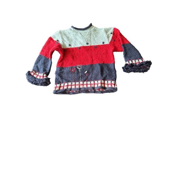 Deux Par Deux Girls Knit Sweater Teddy Bear & Heart Design Red/Navy/Gray 100% Ac - Picture 4 of 5